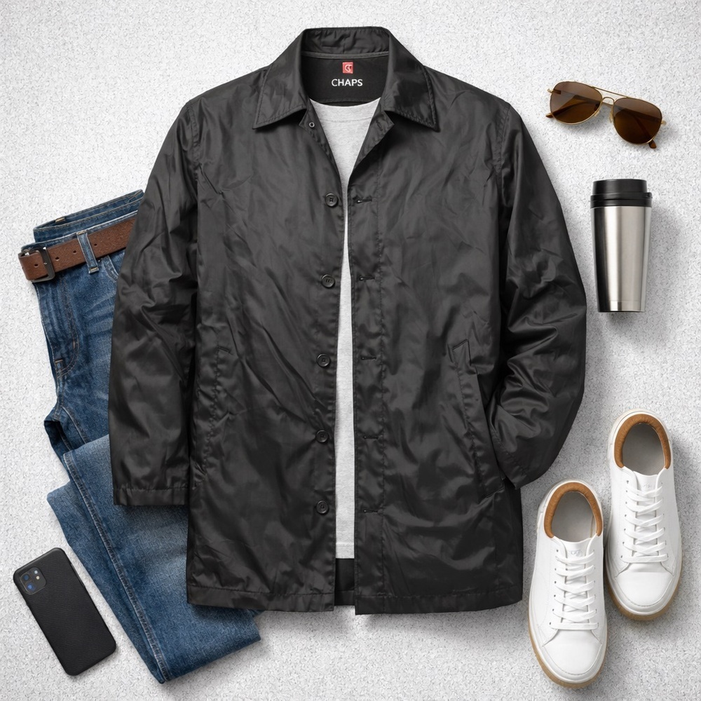 CHAPS | Black Lightweight Rain Jacket | Button Front | Classic Coat | Size L